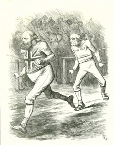 Finisz: wybory powszechne 1886. Gladstone (liberał) udał się do kraju z powodu ustawy o rządzie własnym Irlandii. Salisbury (konserwatywna opozycja) pokonuje Gladstone do mety. Kreskówka Johna Tenniela z Punch w Londynie autorstwa John Tenniel
