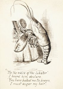 Homar, ze szczotką do włosów w szponach, stojący przed toaletką, z 4 wierszami wersetu, ok. 1865 (pióro i brązowy atrament) autorstwa John Tenniel