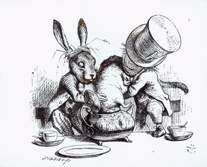 Szalony Kapelusznik i Marcowy Zając umieszczają popielicę w czajniczku, ilustracja z „Przygód Alicji w Krainie Czarów” Lewisa Carrolla, 1865 autorstwa John Tenniel