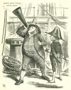 The Officious Passenger: Reforma Parlamentu - rozszerzenie franczyzy. Premier, lord John Russell, prosił Johna Brighta, by przestał trąbić o ustawie reformatorskiej. Russell pokonany przez parlament na podstawie ustawy reformatorskiej w maju 1866 r. John T autorstwa John Tenniel
