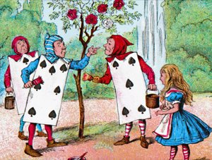 Karty do gry malujące krzaki róż, ok. 1910 r autorstwa John Tenniel