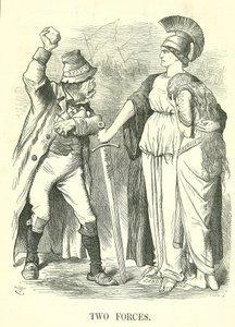 Dwie Siły: Irlandzka Liga Lądowa zabroniona. Britannia chroni Hibernię (Irlandia) Siłą Prawa przed Siłą Anarchii. Karykatura Johna Tenniela z Punch, Londyn, 29 października 1881 r. autorstwa John Tenniel