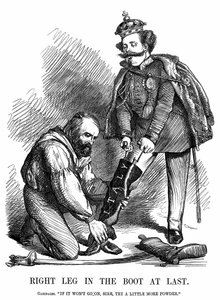 Zjednoczenie Włoch: Giuseppe Garibaldi (1807-1882) pomaga Wiktorowi Emanuelowi II (1820-78) założyć włoski but. Kreskówka Johna Tenniela z Punch w Londynie autorstwa John Tenniel