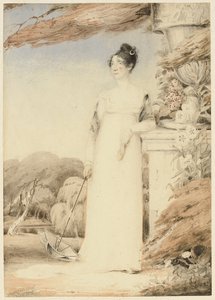 Portret Ann Miles, później pani John Sell Cotman, pełnometrażowy, w prawej ręce trzyma parasolkę, lewe ramię spoczywa na postumencie, 1805