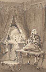 Hogarth po tym, jak jego żona włożyła nową koszulę nocną, zawiązuje swoje rzeczy, aby wysłać je do Sir Jamesa Thornhilla z listem, w którym powiedział mu: „Zabrał swoją córkę bez fartucha do jej A-e autorstwa John Thomas Smith