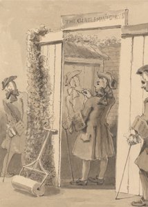 Hogarth, będąc poza swoim czasem, rysuje postać swojego towarzysza na drzwiach pewnego miejsca, ku wielkiemu podziwowi wszystkich jego przyjaciół autorstwa John Thomas Smith