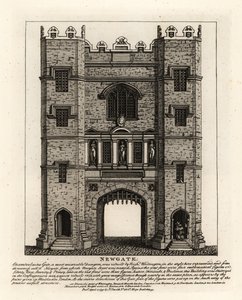 Newgate, przebudowany w 1672 po pożarze Londynu, z trzema postaciami Sprawiedliwości, Męstwa i Roztropności z dawnej bramy zbudowanej przez burmistrza Londynu Richarda Wittingtona autorstwa John Thomas Smith