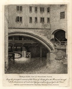 Widok od strony północnej lub wewnętrznej na Bramę Zdrajcy, główne wejście do Tower of London od strony Tamizy