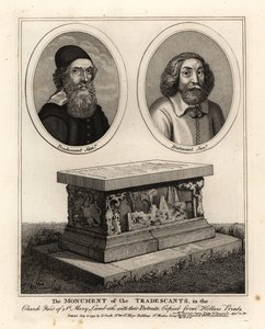 Owalne portrety przyrodników i kolekcjonerów Johna Tradescanta Starszego i Młodszego oraz ich pomnik nagrobny na dziedzińcu kościoła St Mary Lambeth autorstwa John Thomas Smith