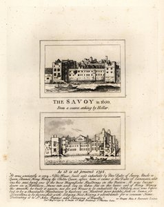Szpital Savoy w 1650 r. z ryciny Wacława Hollara i w ruinach w 1792 r. autorstwa John Thomas Smith