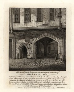 Ruiny South Gates of Dukes Place, zbudowane przez Sir Thomasa Audleya (1488-1544) w pobliżu Aldgate autorstwa John Thomas Smith
