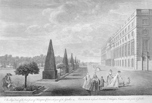 Ukośny widok na wschodni fronton Hampton Court z częścią ogrodu, ok. 1744 r.