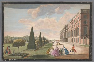 Widok pałacu Hampton Court w Londynie widziany od wschodu Ukośny widok perspektywiczny na wschodni fronton Hampton Court, z długim spacerem i częścią ogrodu (tytuł na obiekcie)