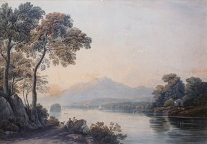 Figurki z psem nad brzegiem jeziora Killarney (akwarela) autorstwa John Varley