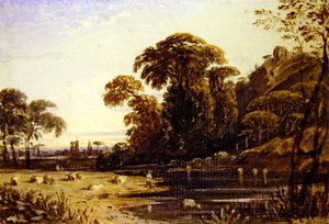 Pejzaż z wieżą na wzgórzu (akwarela na papierze) autorstwa John Varley