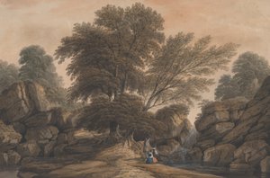 Figury obok wodospadu i basenu w zalesionym krajobrazie, 1812.