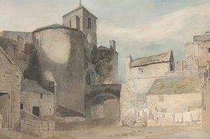 Ufortyfikowane wejście do walijskiego miasta Wschodnia brama Caernarvon, ca. 1802.