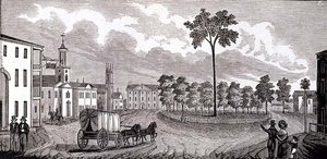 Centralna część Pittsfield, Massachusetts, z Zbiorów Historycznych Massachusetts, autorstwa Johna Warnera Barbera, grawerowane przez SE Browna, 1839