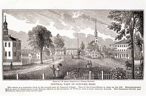 Centralna część Concord, z „Historical Collections of Massachusetts”, Johna Warnera Barbera, rytowana przez J. Downesa, 1839