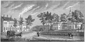 Centralna część Greenfield, z „Historical Collections of Massachusetts” Johna Warnera Barbera, grawerowane przez SE Browna, 1839