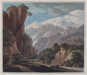 W drodze z doliny Sallanches do Chamonix, ok. 1781 r. (akwarela, ołówek i guma arabska na papierze) autorstwa John Warwick Smith