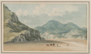 Widok na Fraeth Mawr Sands, w kierunku Snowdon, na przejściu między Penmorsa i Cynant, Merionethshire, 21 lipca 1795 (wc na papierze) autorstwa John Warwick Smith