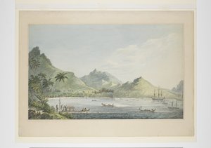 16: Widok Huaheine, z serii akwareli ilustrujących ostatnią podróż kapitana Cooka, ok. 1773-84 (akwarela na papierze) autorstwa John Webber