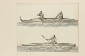 30: Kajaki Onalaski, z serii akwareli ilustrujących ostatnią podróż kapitana Cooka, ok. 1773-84 (wc na papierze) autorstwa John Webber