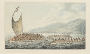 35: Tereoboo, król Owyhee, przynoszący kapitanowi Cookowi prezenty z serii akwareli ilustrujących ostatnią podróż kapitana Cooka, ok. 1773-84 (akwarela na papierze) autorstwa John Webber