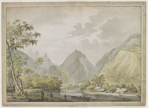 Widok na rzekę Vaitepiha z dwoma Tahitańczykami w kajaku na pierwszym planie i dwoma innymi na brzegu. Tahitańskie domy po prawej stronie. Sierpień 1777 autorstwa John Webber