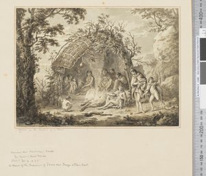 F.43 Tubylcy we wnętrzu chaty, ok.1783-84 (akwarela) autorstwa John Webber