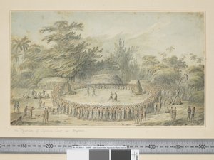 F.4 Przyjęcie kapitana Cooka w Hapaee, ok. 1773-84 (ryciny akwarelowe i drukowane) autorstwa John Webber