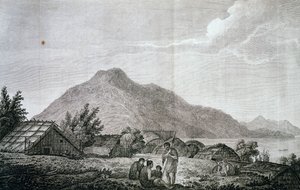 Wewnątrz hippa na wyspie Motuara, według rysunku Johna Webbera (1750-1793), z relacji z ostatniej podróży Jamesa Cooka (1776-1779). rytownictwo autorstwa John Webber