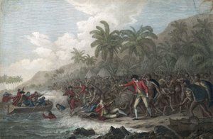 Kapitan James Cook (1728-1779, brytyjski odkrywca) zabity przez hawajskich tubylców w zatoce Kealakekua na Wyspach Sandwich (Polinezja), w 1779 r. - Śmierć kapitana Jamesa Cooka 14 lutego