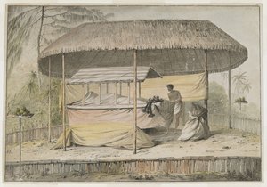 Waheiadooa, wódz Oheitepeha, leżący w stanie, zarejestrowany przez kapitana Cooka podczas jego wizyty na Tahiti 19 sierpnia 1777 r. Na scenie pogrzebowej znajdują się okryte całunem zwłoki i osoba towarzysząca. Są osłonięte markizą porośniętą trawą i otocz autorstwa John Webber