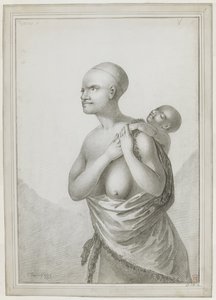 [Cały rysunek] Tasmańska kobieta niosąca dziecko na plecach, ze skórą przerzuconą przez lewe ramię w talii. Styczeń 1777 autorstwa John Webber
