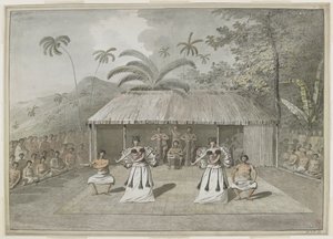 [Cały rysunek] Taniec lub heiva w Otaheite [Tahiti]. Dwóch mężczyzn i dwie kobiety tańczą, z perkusistami z tyłu i widzami po obu stronach. Wrzesień 1777 autorstwa John Webber