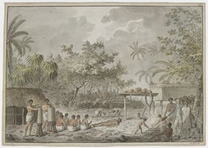 [Cały rysunek] Ofiara z ludzi na wielkim morai w Attahouroo [Utuaimahurau] na Tahiti, świadek kapitana Cooka w dniu 1 września 1777 r. Związana postać na pierwszym planie, z mężczyznami kopiącymi dół na ciało z tyłu i tym, co zawiera dwa psy i tr autorstwa John Webber