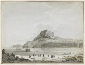 [Cały rysunek] Widok na port Christmas na wyspie Kerguelen, z Discovery i uchwałą na kotwicy. Dwie łodzie ze statku są na zewnątrz, jeden marynarz ląduje na brzegu. Na pierwszym planie dwadzieścia pingwinów w grupach i lew morski. 25-30 grudnia 1776 autorstwa John Webber