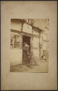 [Siedzący mężczyzna pijący z kubka w otwartych drzwiach] autorstwa John Whistler