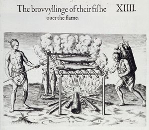 Gotowanie ryb, talerz z "A Brief and True Report of the New Found Land of Virginia" Thomasa Harriota (1560-1621), pub. 1590 autorstwa John White