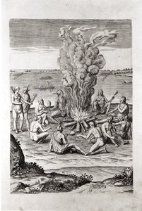 Indianie modlący się przy ognisku, rycina z dzieła Hariota "A Briefe and True Report of...Virginia", 1590, rytowany przez Theodora de Bry (1528-98) autorstwa John White