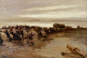 Wciąganie łodzi ratunkowej, Święta Wyspa, ok. 1910-20 autorstwa John William Gilroy