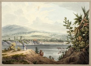 Most na rzece Hudson w pobliżu Waterford, Nowy Jork, 1832 (akwarela, gwasz, szkliwo selektywne, grafit i skreślanie na papierze ułożonym na kartonie)
