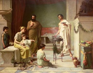 Wizyta chorego dziecka w świątyni Eskulapa, 1877 r. autorstwa John William Waterhouse
