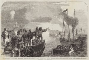 Kapitan Hewlett, CB, z HMS Edinburgh, kierujący ruchami kanonierek Snapper i Bocian na rosyjskim trzypokładowym między Gustafsvernem a Bartłomiejem autorstwa John Wilson Carmichael