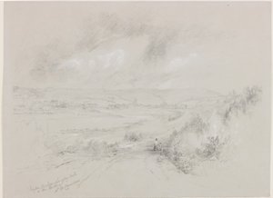 Most Haydon, zamek Langley w oddali (bc i ołówek na papierze) autorstwa John Wilson Carmichael