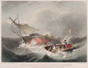 Zatonięcie parowca Forfarshire na skałach Wysp Farne (Anglia), jak wyglądało o wschodzie słońca 7 września autorstwa John Wilson Carmichael