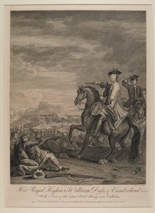 J.R.H. William (1721-65) książę Cumberland z widokiem na rozbitą armię pod Culloden, 1746, opublikowane przez B. Barona, 1747