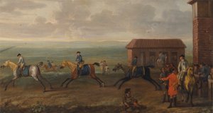 Lord Portmore obserwuje konie wyścigowe podczas ćwiczeń na Newmarket Heath autorstwa John Wootton